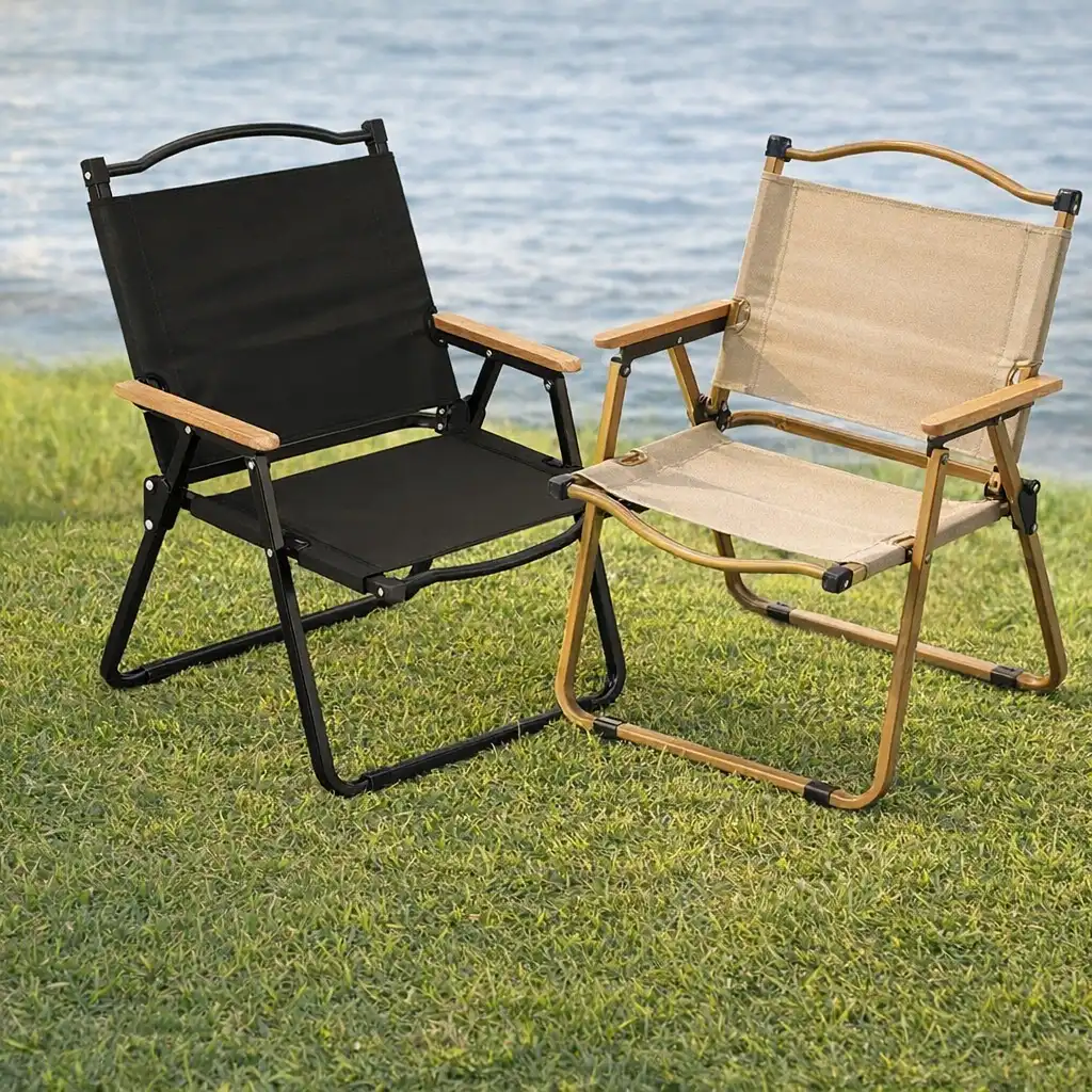 Chaise Pliante Camping Style Kermit – Aluminium & Bois – Beige/Noir